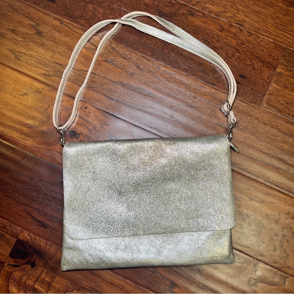Italian Genuine Leather Gold Metallic Crossbody Clutch Made in Italy